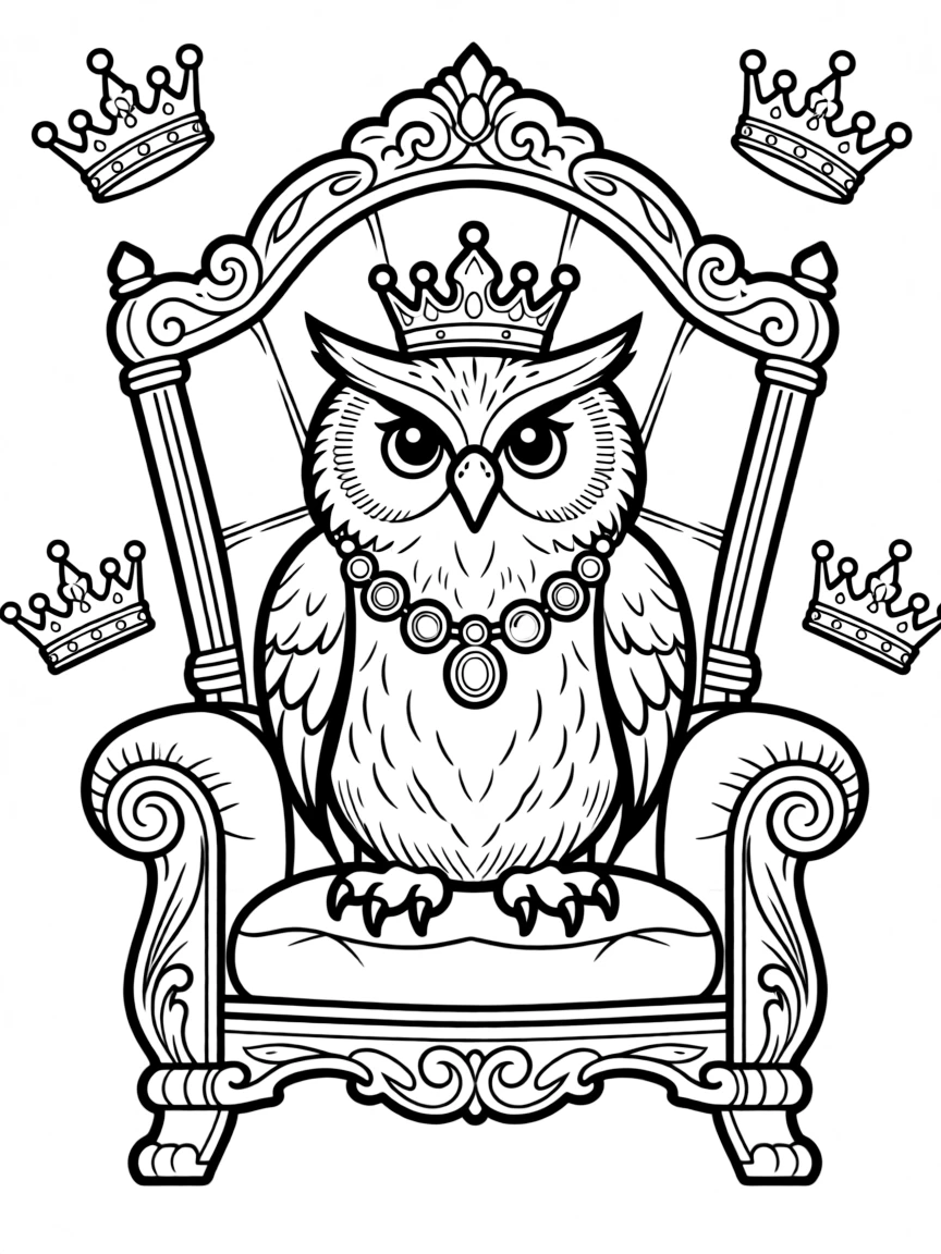 Owl with royal decorations, surrounded by throne and crown patterns