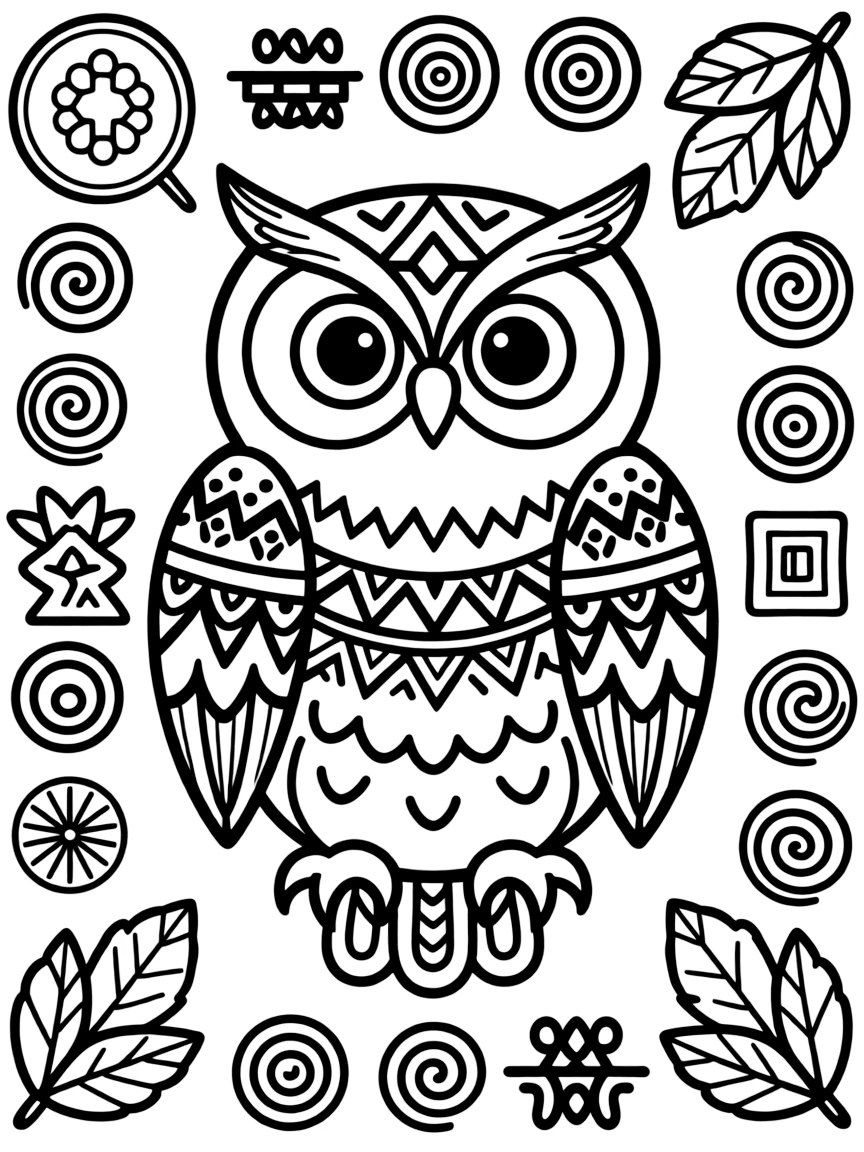Owl with tribal markings, surrounded by cultural designs