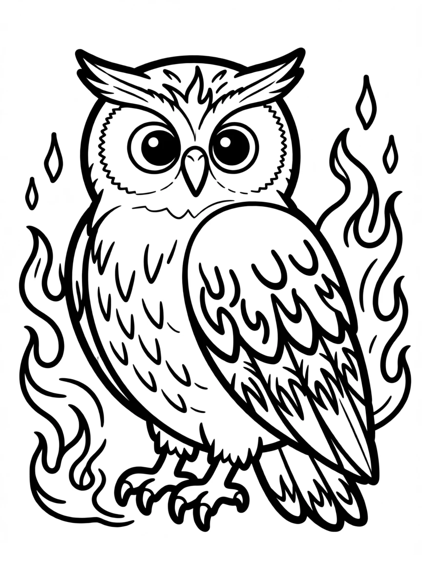 Owl with fire elements in its feathers, surrounded by flame-inspired patterns