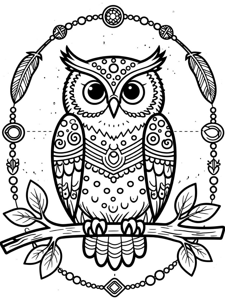 Owl with ceremonial paint patterns, surrounded by ritual designs