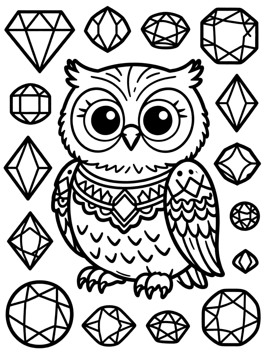 Owl with jeweled eyes and decorations, surrounded by precious stone patterns