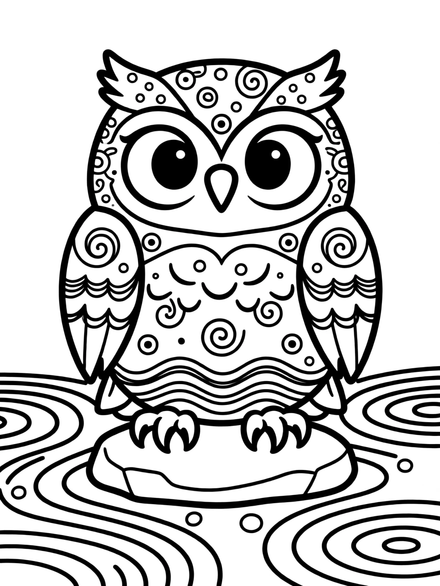 Owl with zen garden patterns in its feathers, surrounded by raked sand designs