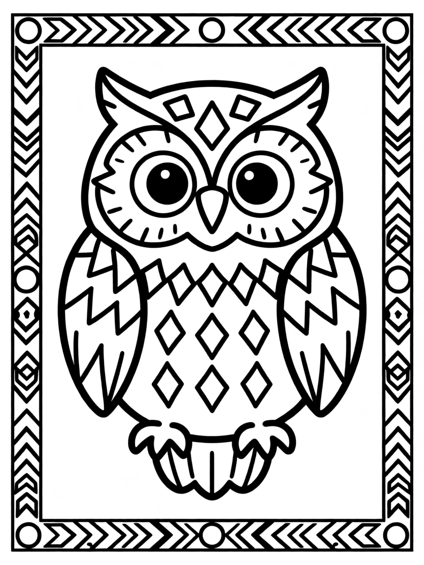 Owl with geometric patterns inside its silhouette, surrounded by tribal borders
