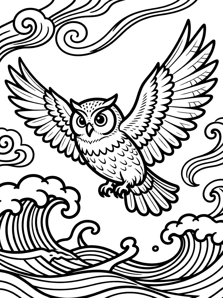 Owl in flight pose, surrounded by movement-inspired patterns