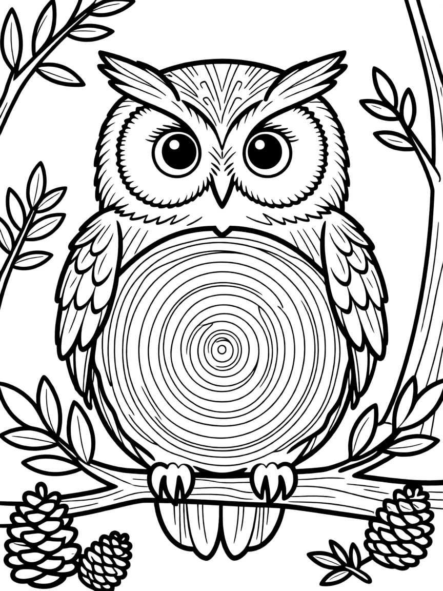 Owl with feathers forming tree rings, surrounded by forest-inspired designs