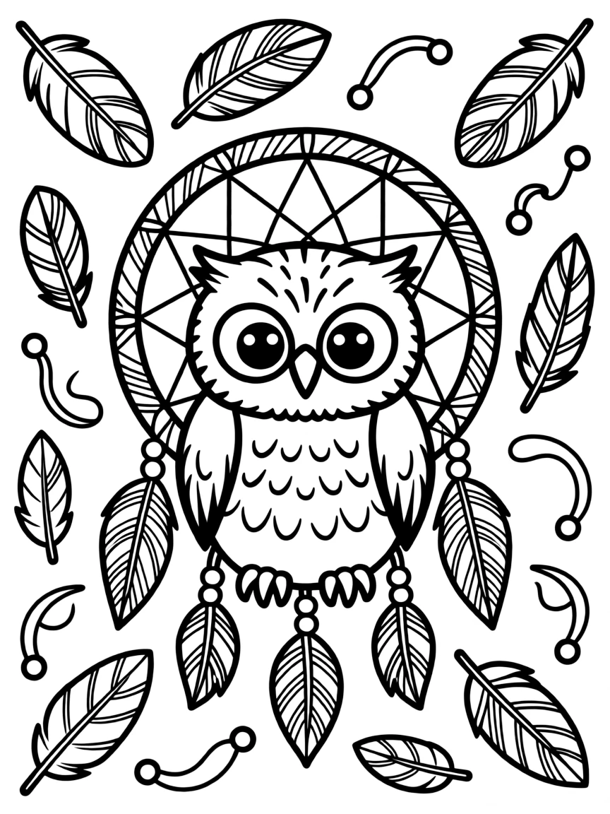 Owl with dreamcatcher elements, surrounded by feather and bead patterns