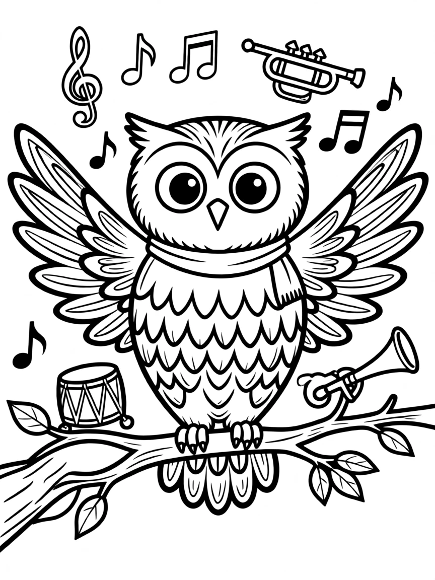 Owl with feathers forming sound wave patterns, surrounded by music elements