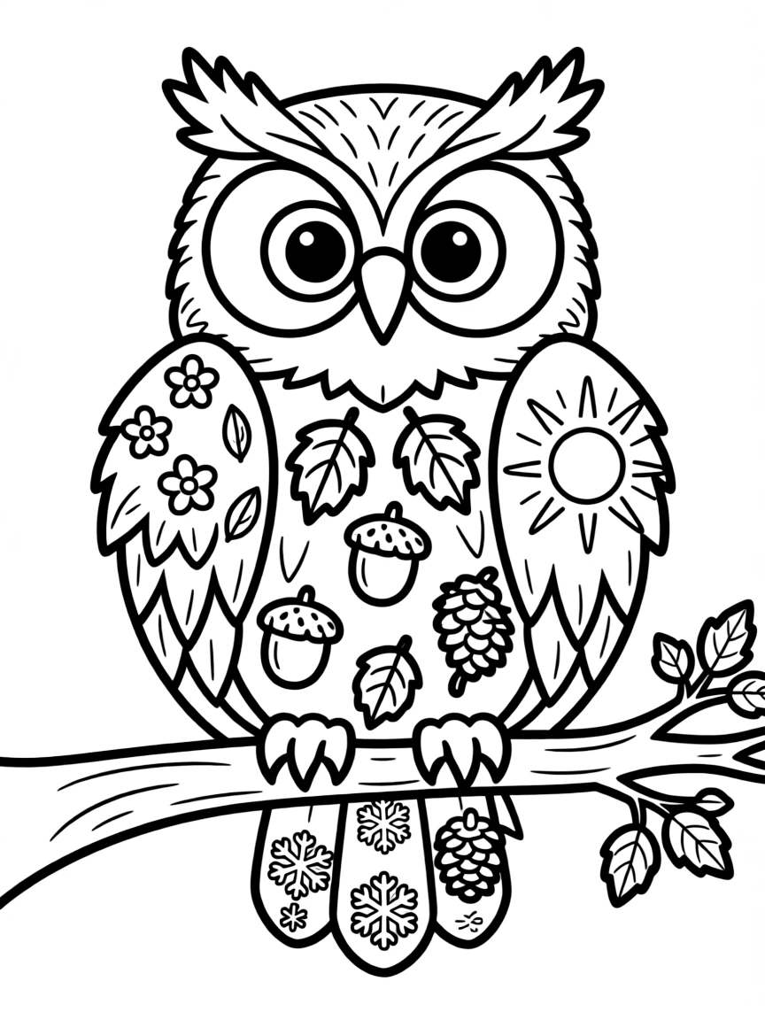 Owl with seasonal elements in its feathers, showing all four seasons in one design