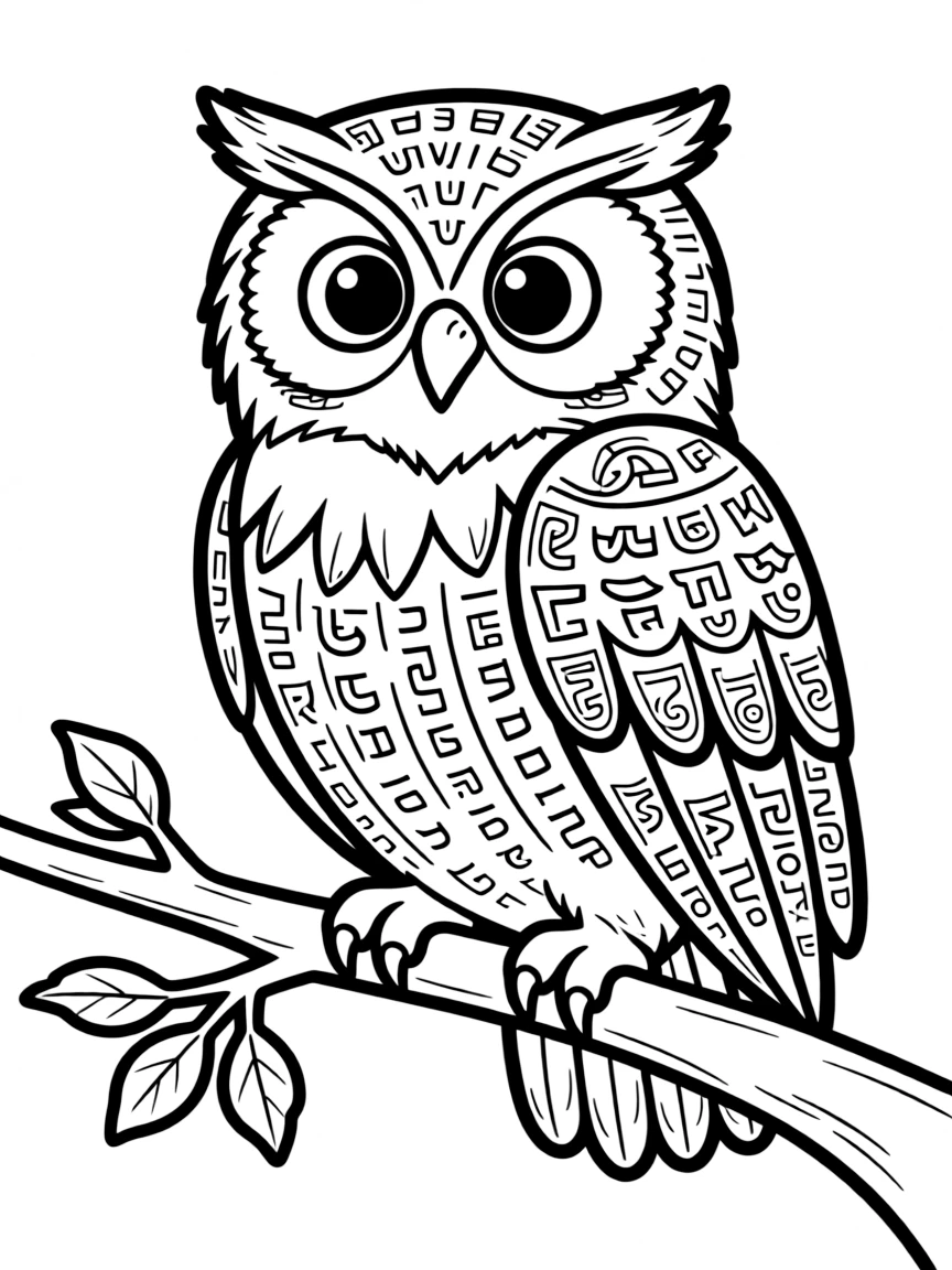 Owl with ancient text elements incorporated into its feather patterns