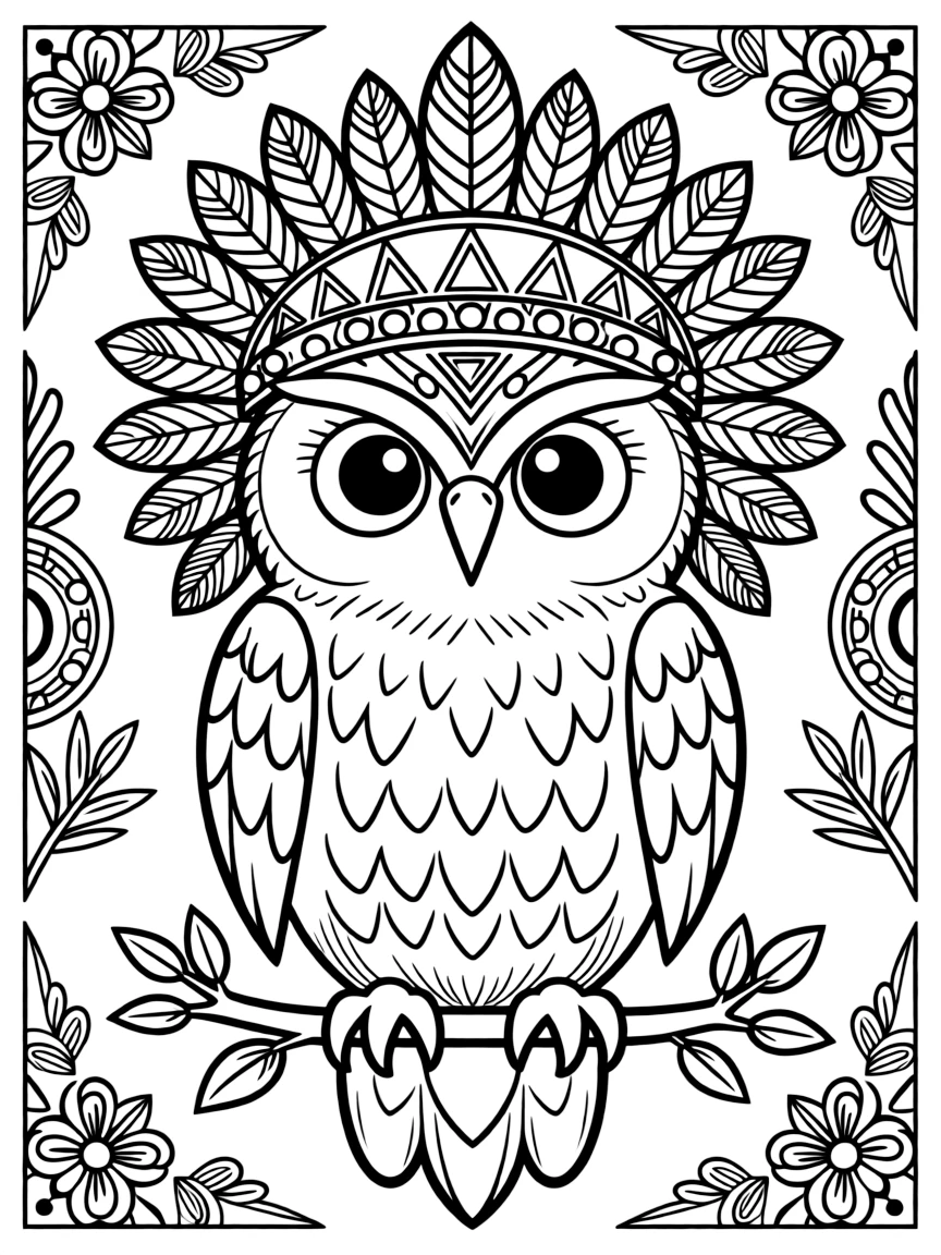 Owl with ornate headdress, surrounded by ceremonial patterns