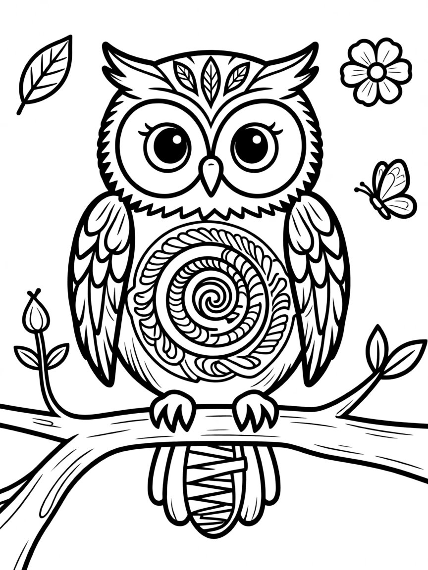Owl with feathers forming a DNA-like spiral pattern, surrounded by life symbols