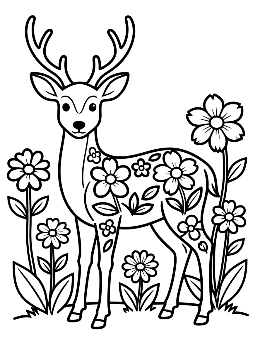 Deer with floral patterns incorporated into its coat, surrounded by forest flowers