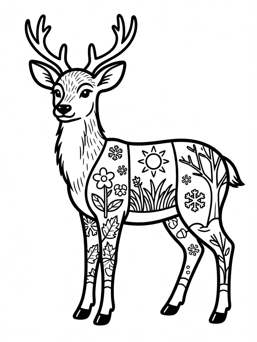 Deer with seasonal elements in its coat, showing all four seasons in one design