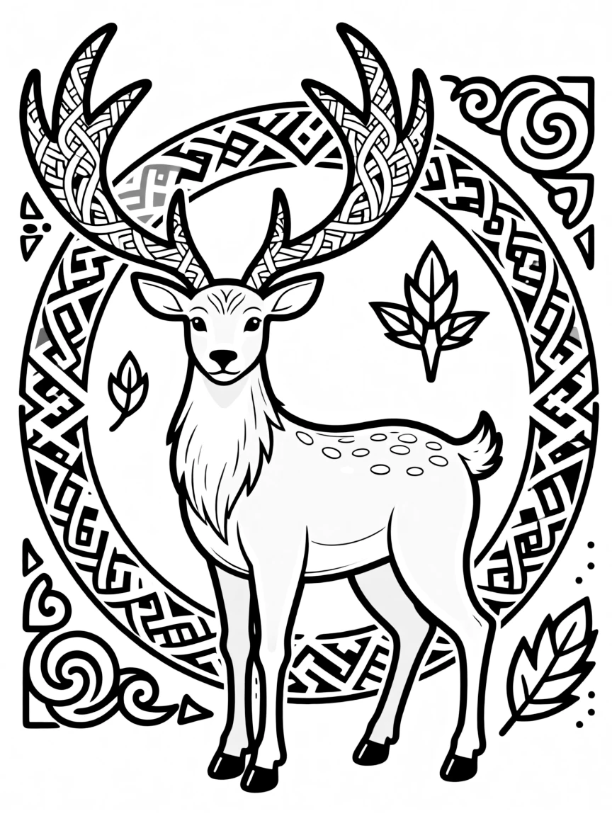 Stag with Celtic knot patterns in its antlers, surrounded by traditional designs