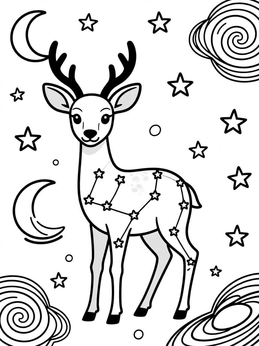 Deer with constellation patterns in its coat, surrounded by cosmic designs