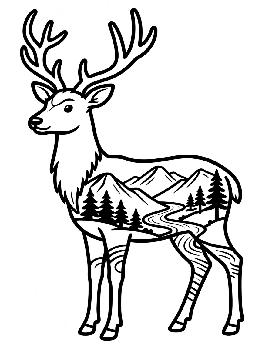 Deer with mountain landscapes incorporated into its silhouette