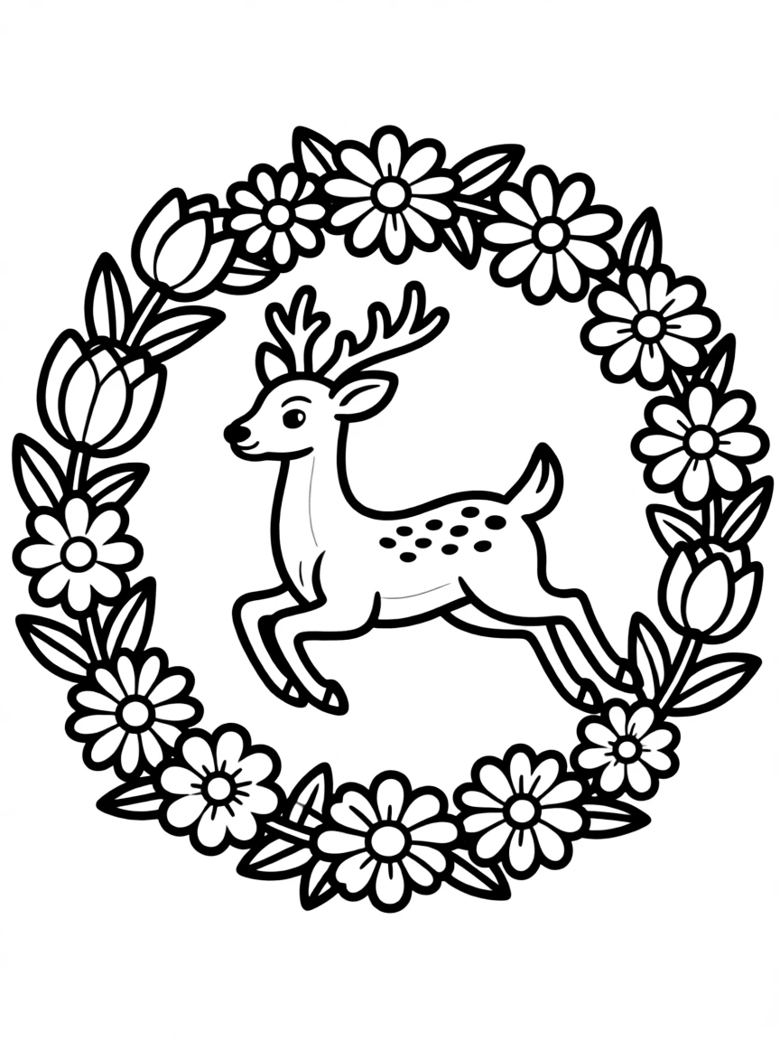 Deer leaping through a ring of flowers, creating a circular floral pattern
