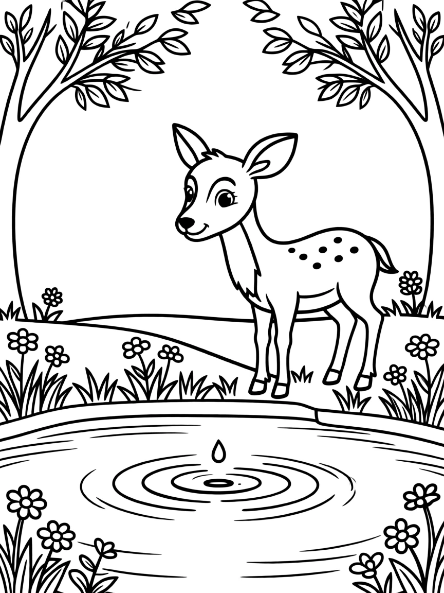 Deer by a pond, with water ripples forming concentric circle patterns