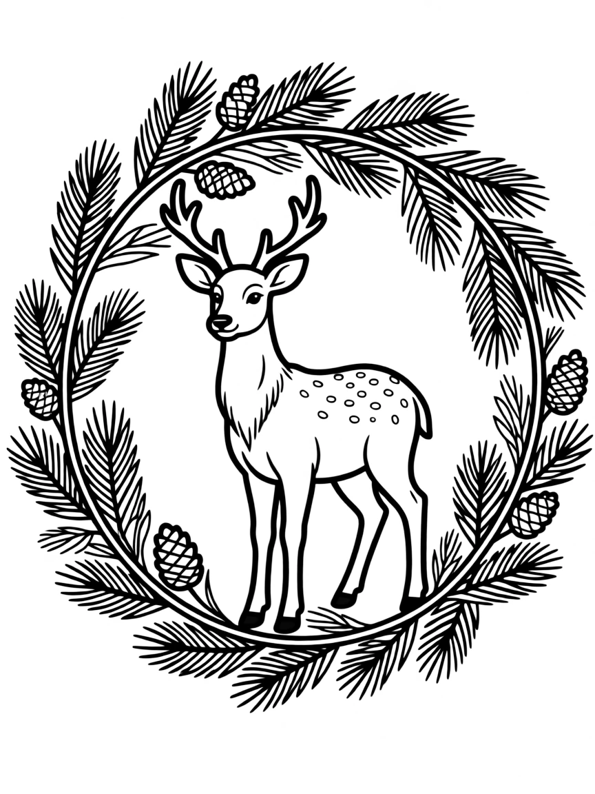 Deer with pine forest elements incorporated into a circular design