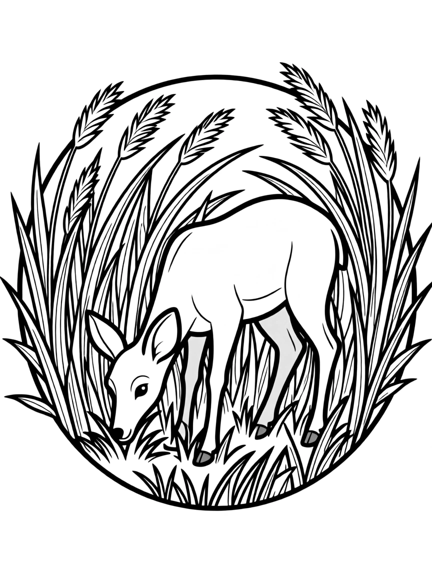 Deer grazing in tall grass, with grass patterns forming a circular design