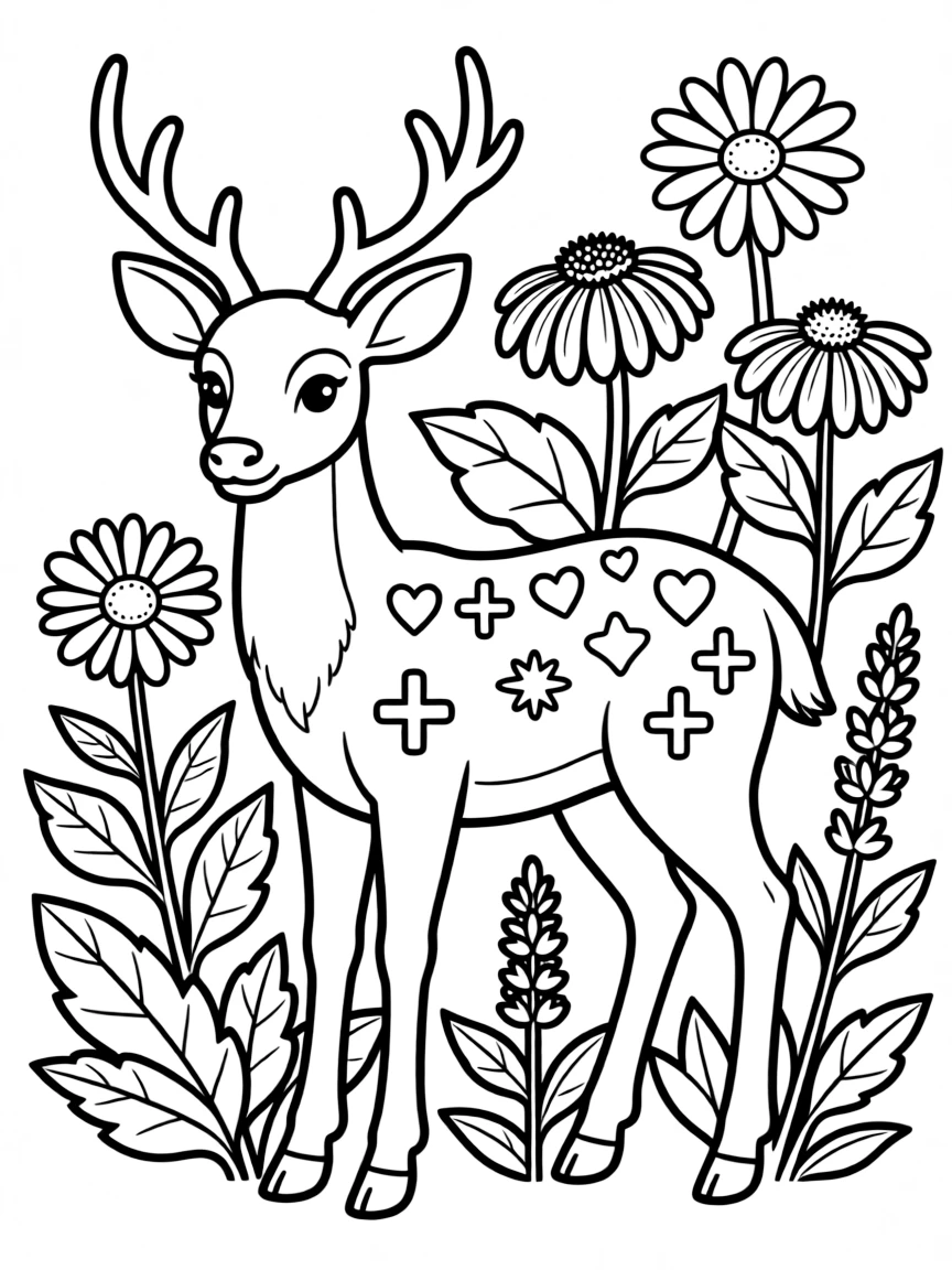 Deer with healing symbols in its coat pattern, surrounded by medicinal plants