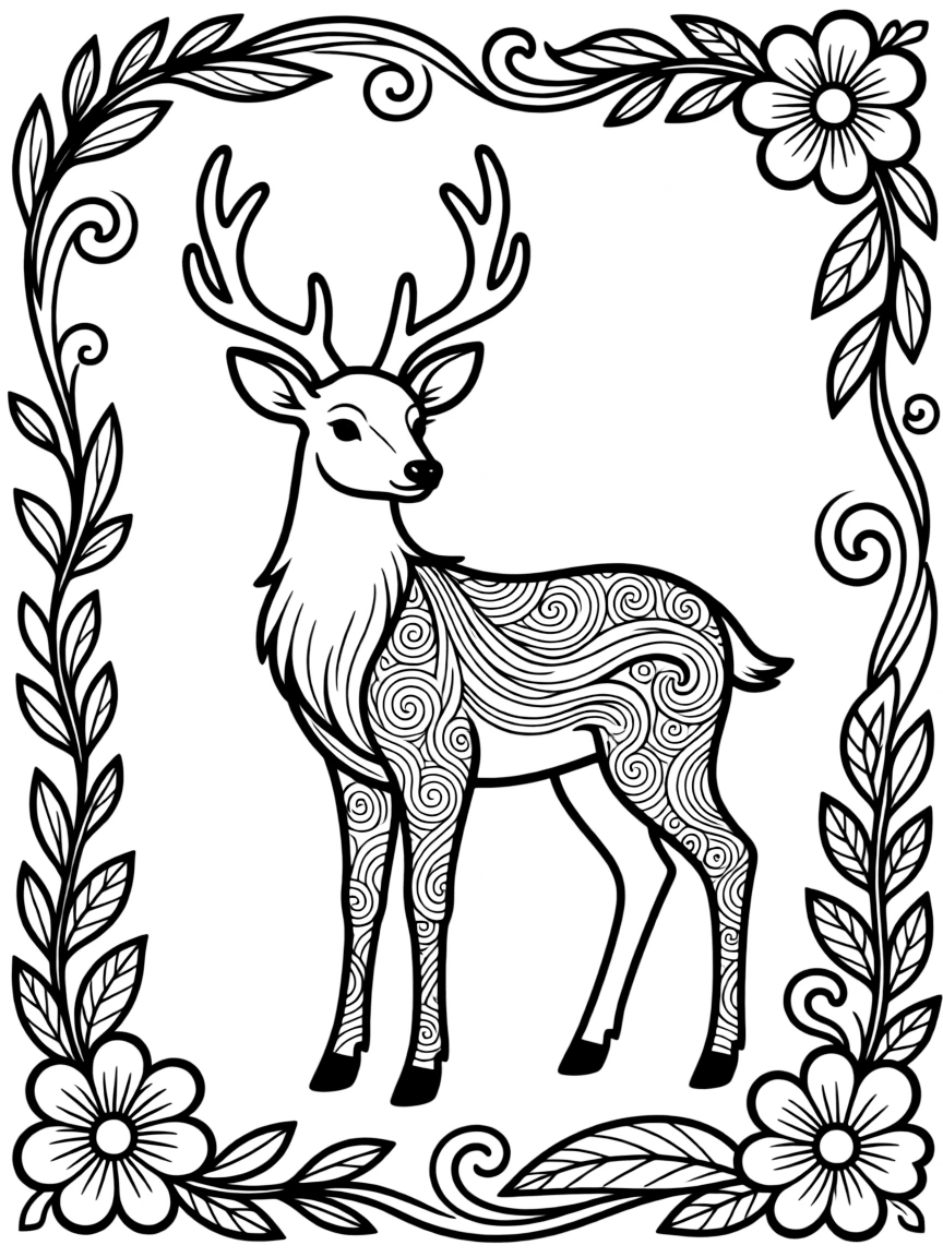 Deer with coat forming a zentangle pattern, surrounded by detailed designs