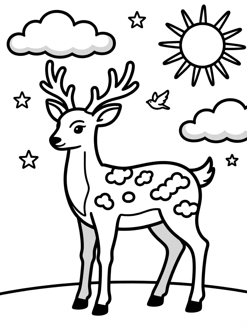 Deer with coat forming cloud patterns, surrounded by sky elements
