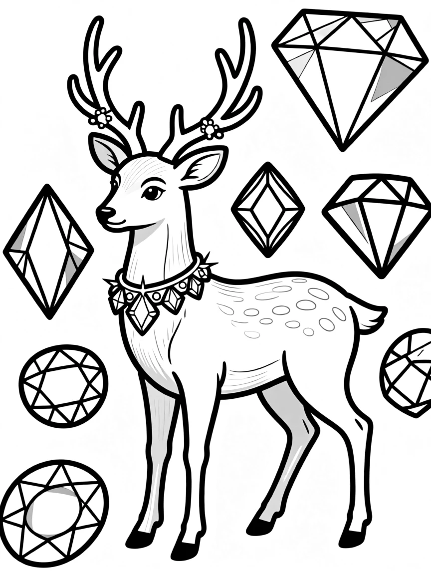 Deer with jeweled collar and decorations, surrounded by precious stone patterns