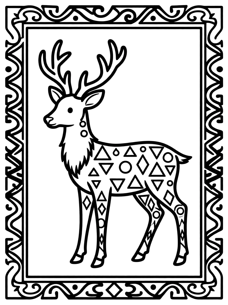 Deer with geometric patterns inside its silhouette, surrounded by tribal borders