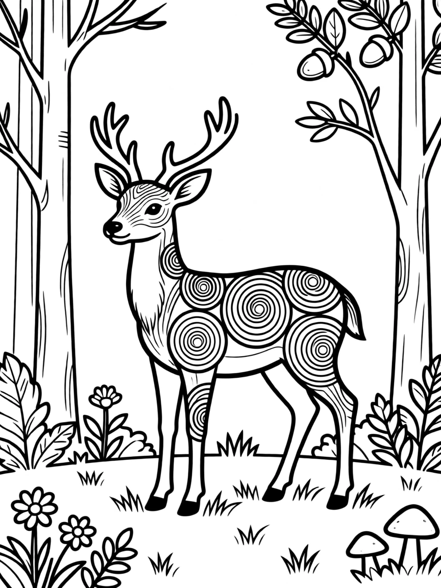 Deer with coat forming tree rings, surrounded by forest-inspired designs