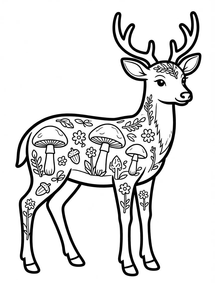 Deer with mushroom and forest floor elements incorporated into its coat patterns