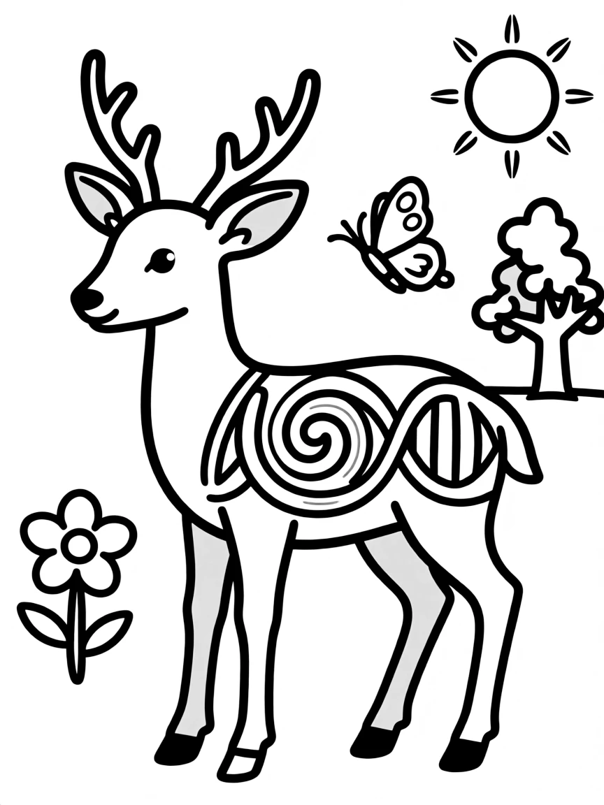 Deer with coat forming a DNA-like spiral pattern, surrounded by life symbols
