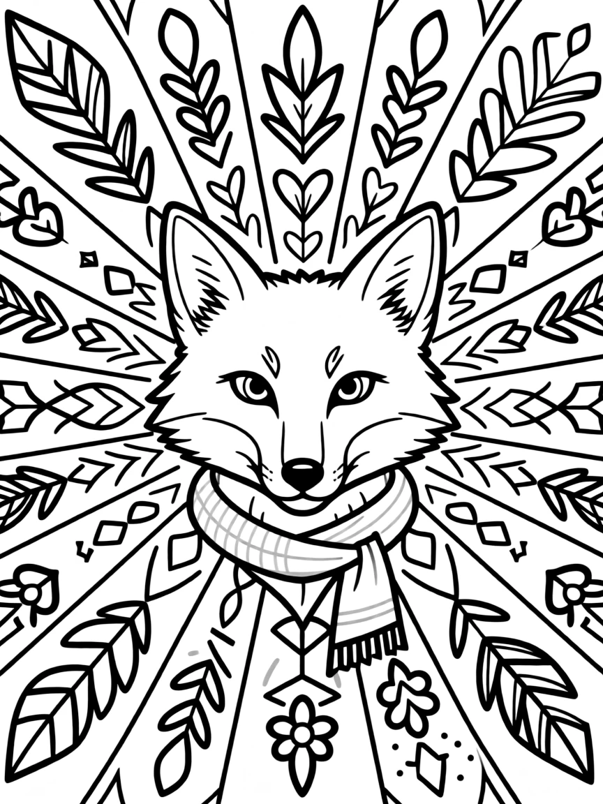 Fox face with alert eyes as the center of a radiating pattern