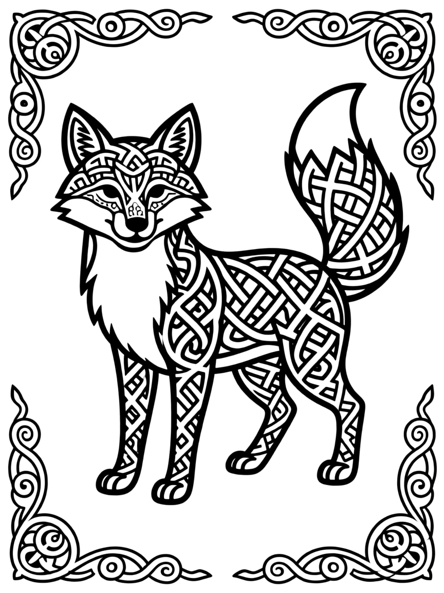 Fox with Celtic knot patterns in its fur, surrounded by traditional designs