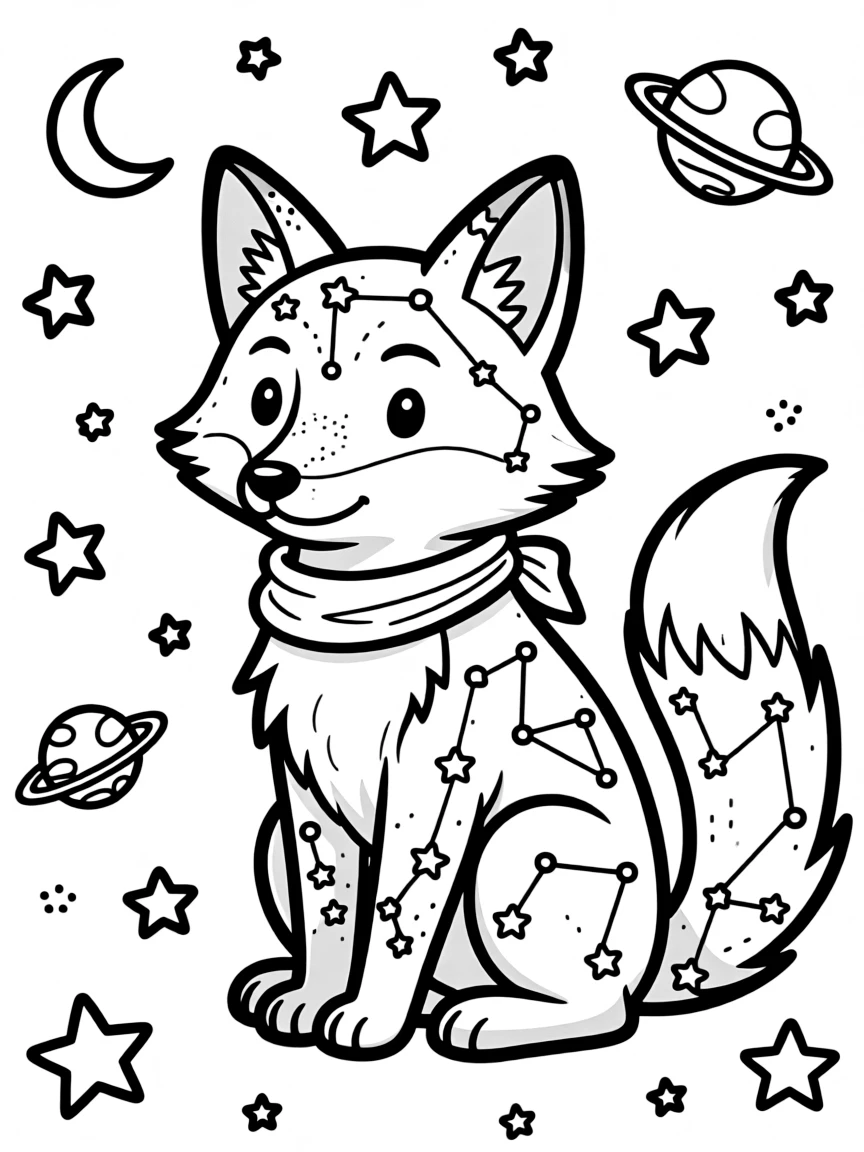 Fox with constellation patterns in its fur, surrounded by cosmic designs