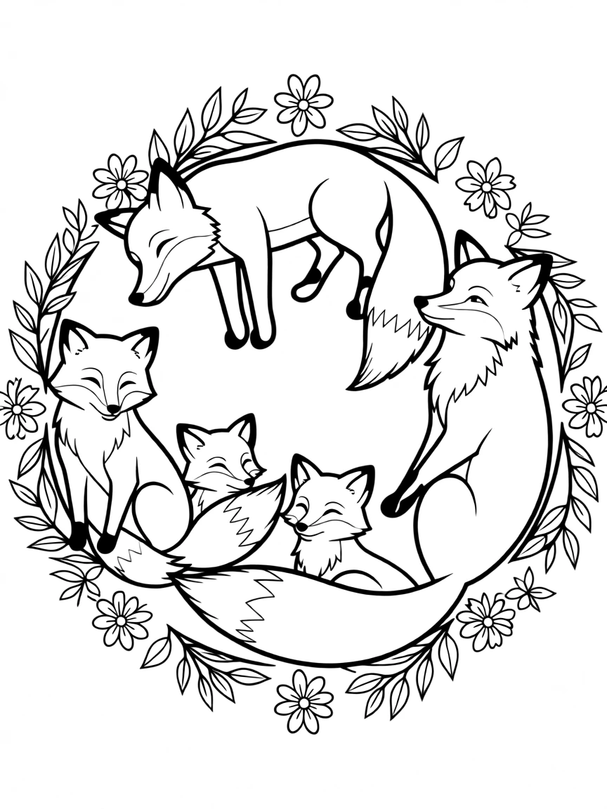 Fox family in a circular arrangement, creating a protective mandala