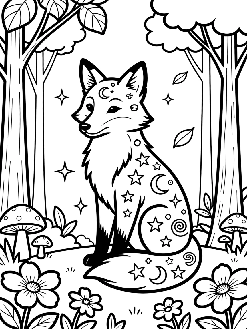 Fox with magical symbols in its fur, surrounded by enchanted forest elements