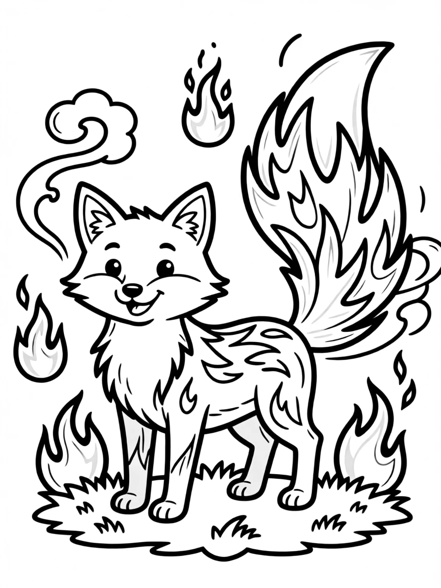 Fox with flame-like patterns in its tail, surrounded by fire elements