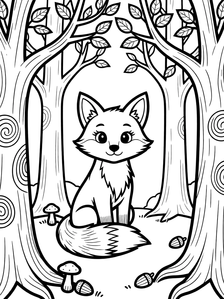 Fox with forest wisdom elements, surrounded by ancient tree patterns