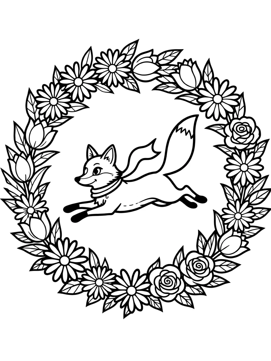 Fox leaping through a ring of flowers, creating a circular floral pattern
