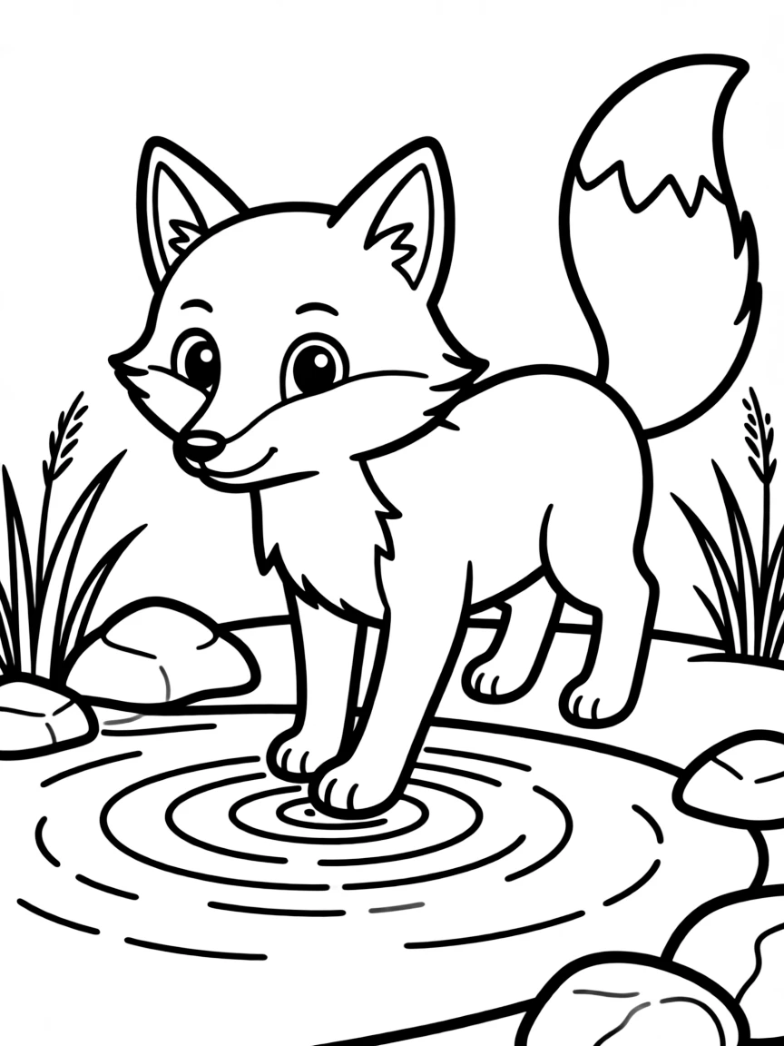 Fox by a pond, with water ripples forming concentric circle patterns