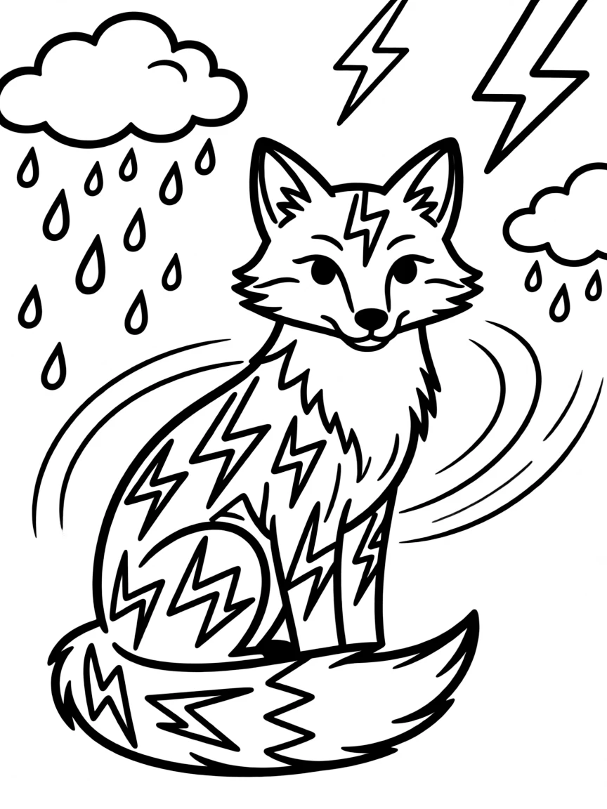 Fox with lightning bolt patterns in its fur, surrounded by storm elements