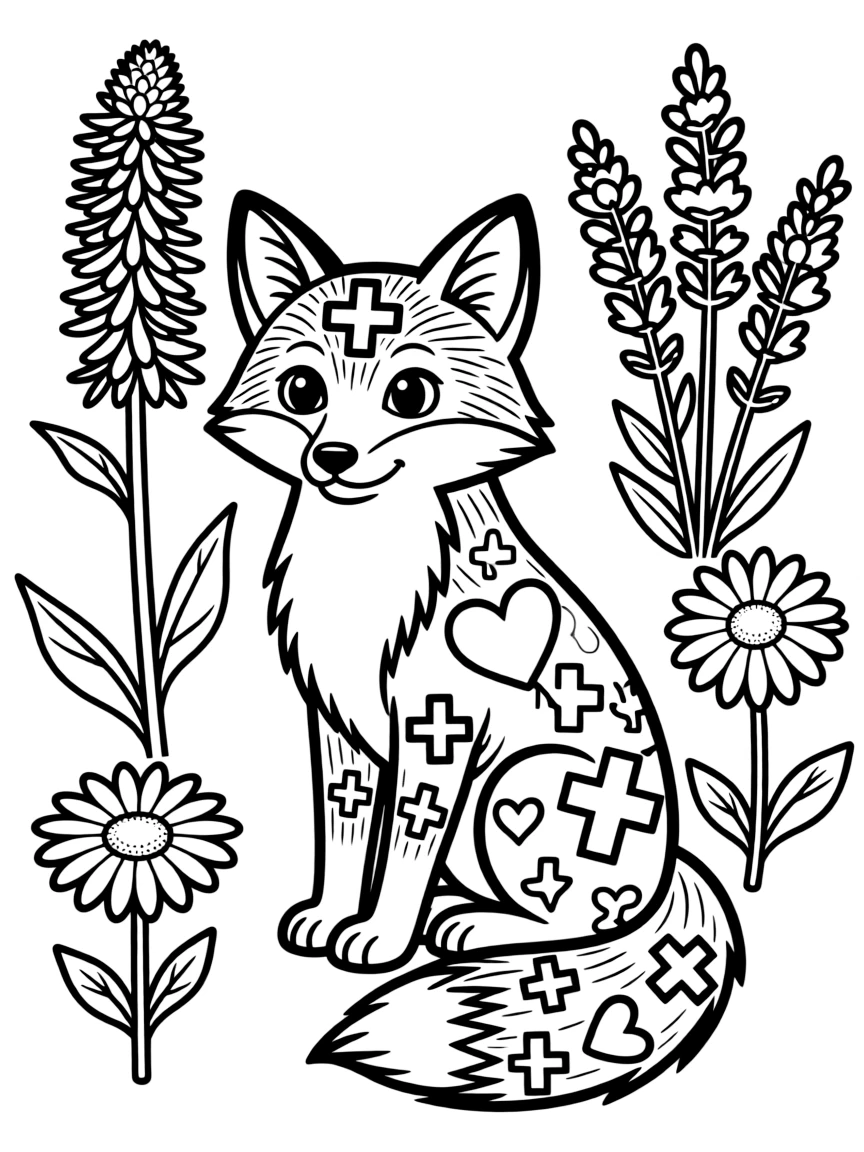 Fox with healing symbols in its fur pattern, surrounded by medicinal plants