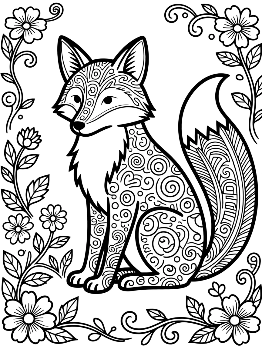 Fox with fur forming a zentangle pattern, surrounded by detailed designs