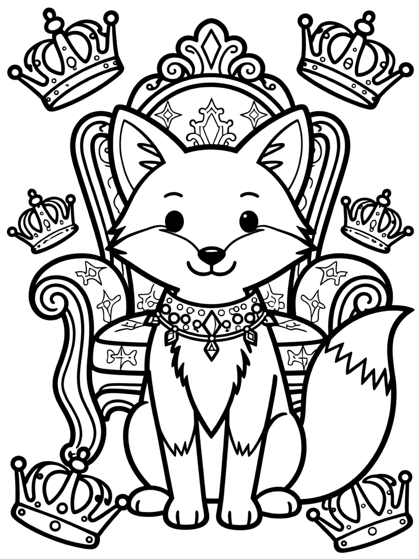 Fox with royal decorations, surrounded by throne and crown patterns