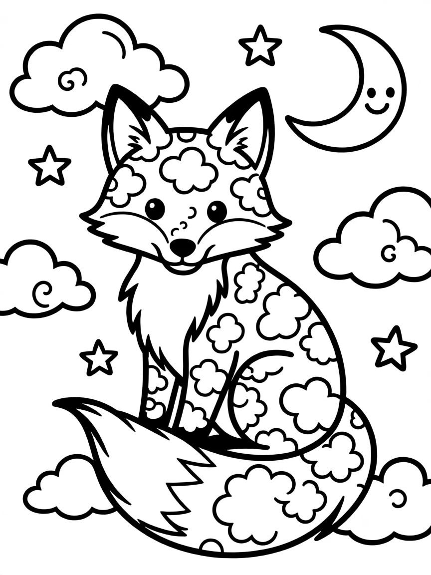 Fox with fur forming cloud patterns, surrounded by sky elements