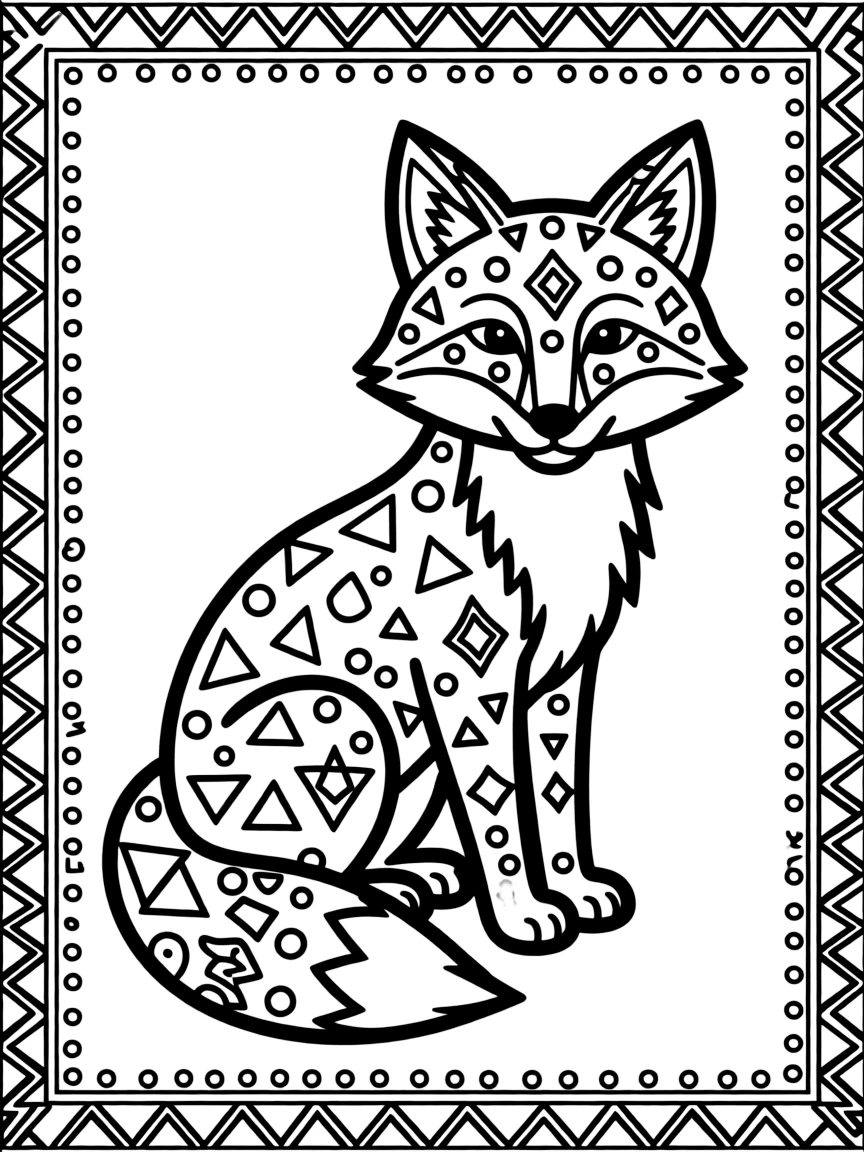 Fox with geometric patterns inside its silhouette, surrounded by tribal borders