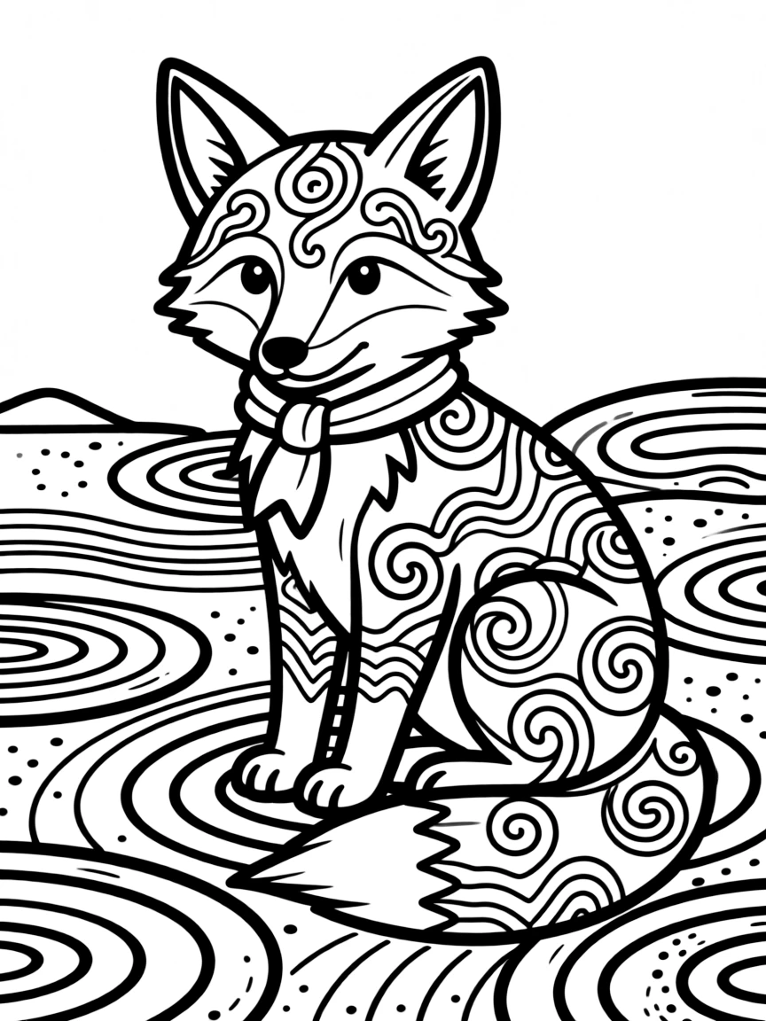 Fox with zen garden patterns in its fur, surrounded by raked sand designs