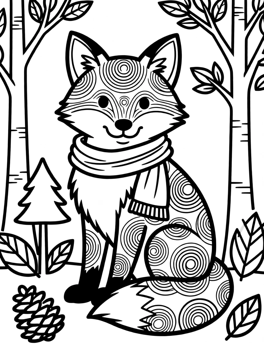 Fox with fur forming tree rings, surrounded by forest-inspired designs