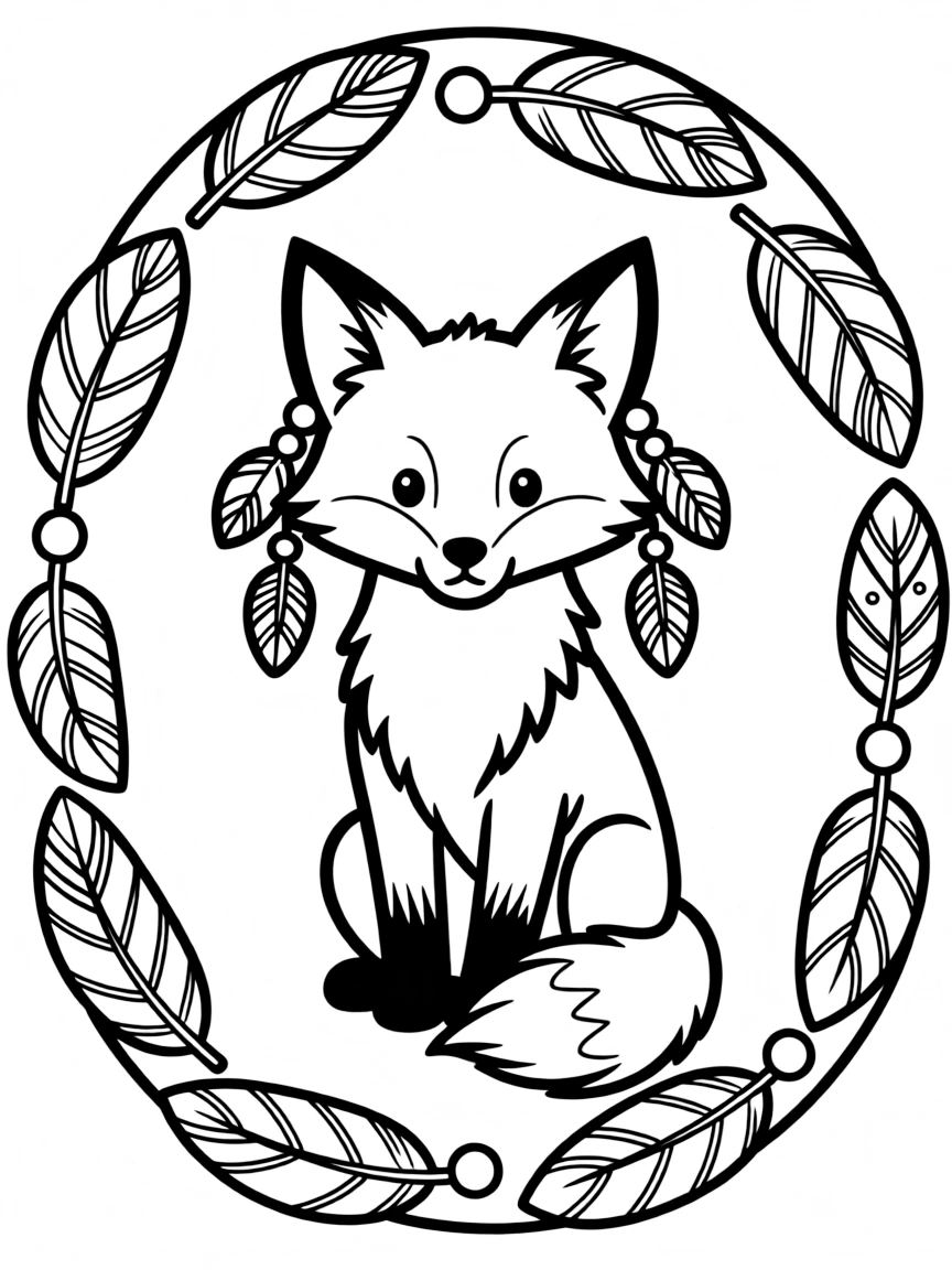 Fox with dreamcatcher elements, surrounded by feather and bead patterns